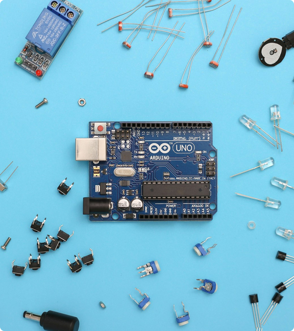 Electronic components and boards on a workbench