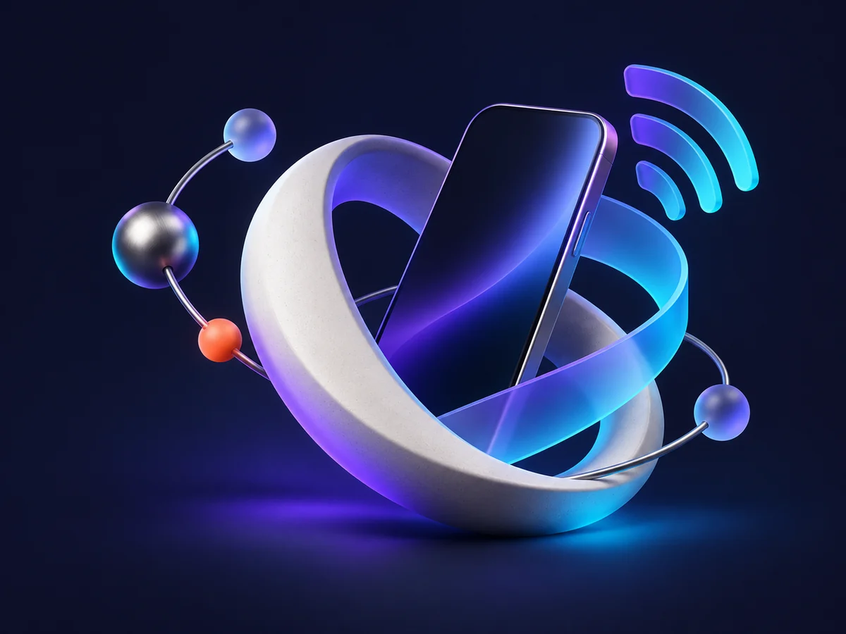 Abstract phone and connection sculpture in purple and cyan